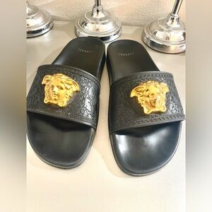 Versace Black and Gold Medusa Sandals